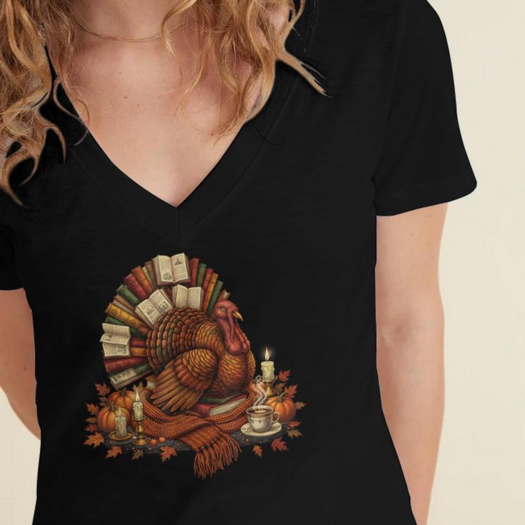 Turkey Reading Books Fall Season Thanksgiving Teacher Book Women's Jersey Short Sleeve Deep V-Neck Tshirt