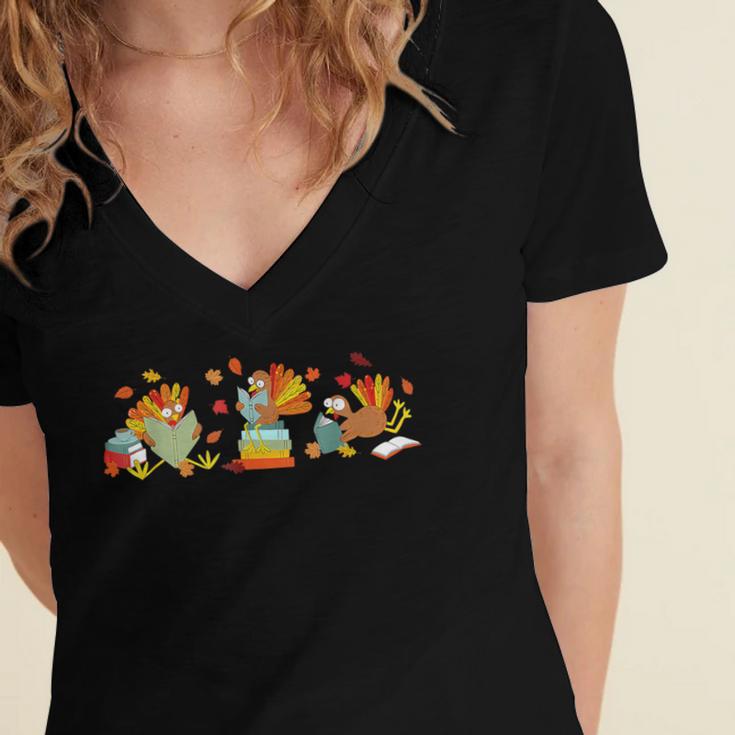 Turkey Reading Books Fall Thanksgiving Teacher Book Lovers Women's Jersey Short Sleeve Deep V-Neck Tshirt Turkey Reading Books Fall Thanksgiving Teacher Book Lovers Women's Jersey Short Sleeve Deep V-Neck Tshirt