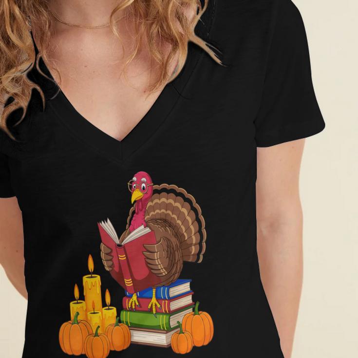 Turkey Reading Books Fall Thanksgiving Teacher Book Women's Jersey Short Sleeve Deep V-Neck Tshirt
