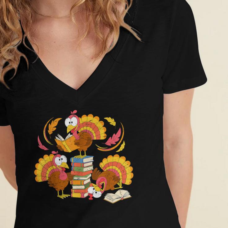 Turkey Reading Books Fall Thanksgiving Teacher Librarian Women's Jersey Short Sleeve Deep V-Neck Tshirt