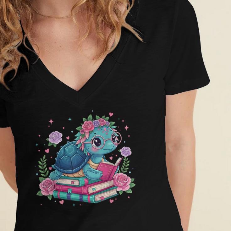 Turtle Bookworm Reading Book Bookworm Book Nerd Cute Graphic Women's Jersey Short Sleeve Deep V-Neck Tshirt