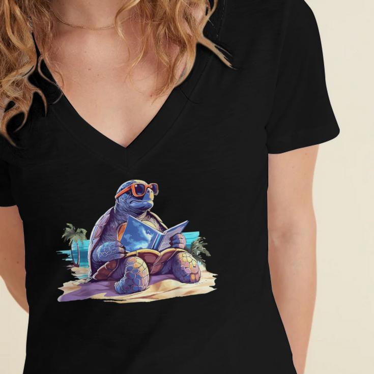 Turtle Wearing Sunglasses Reading A Book On The Beach Summer Women's Jersey Short Sleeve Deep V-Neck Tshirt Turtle Wearing Sunglasses Reading A Book On The Beach Summer Women's Jersey Short Sleeve Deep V-Neck Tshirt