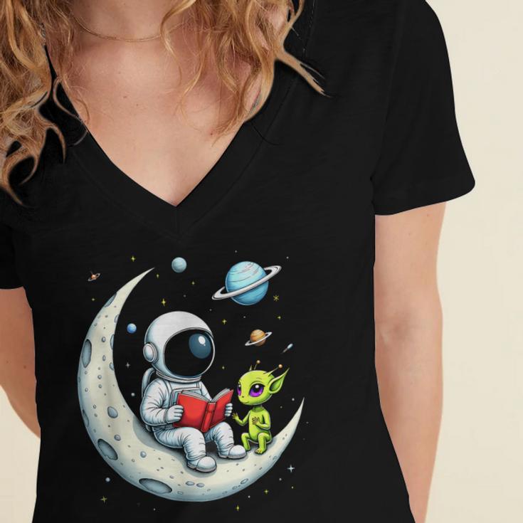 UFO Alien Astronaut Reading Book In Space Women's Jersey Short Sleeve Deep V-Neck Tshirt