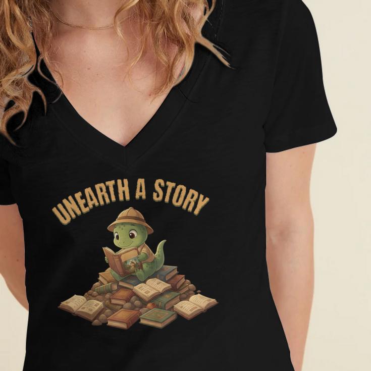 Unearth a Story Dinosaur Reading Books Summer 2026 Women's Jersey Short Sleeve Deep V-Neck Tshirt