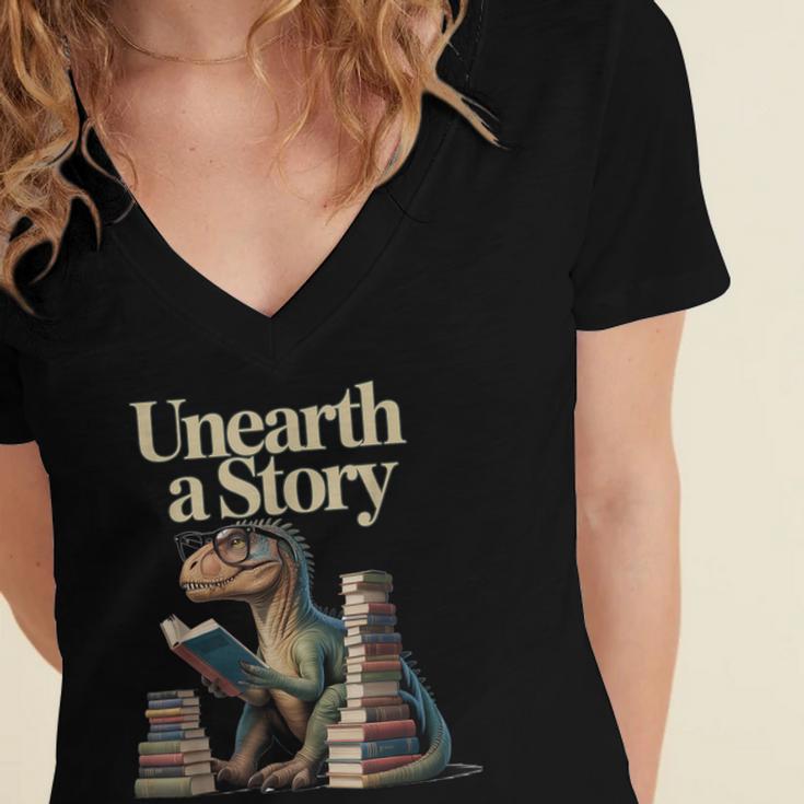 Unearth A Story Dinosaur Reading a Library Book Women's Jersey Short Sleeve Deep V-Neck Tshirt Unearth A Story Dinosaur Reading a Library Book Women's Jersey Short Sleeve Deep V-Neck Tshirt