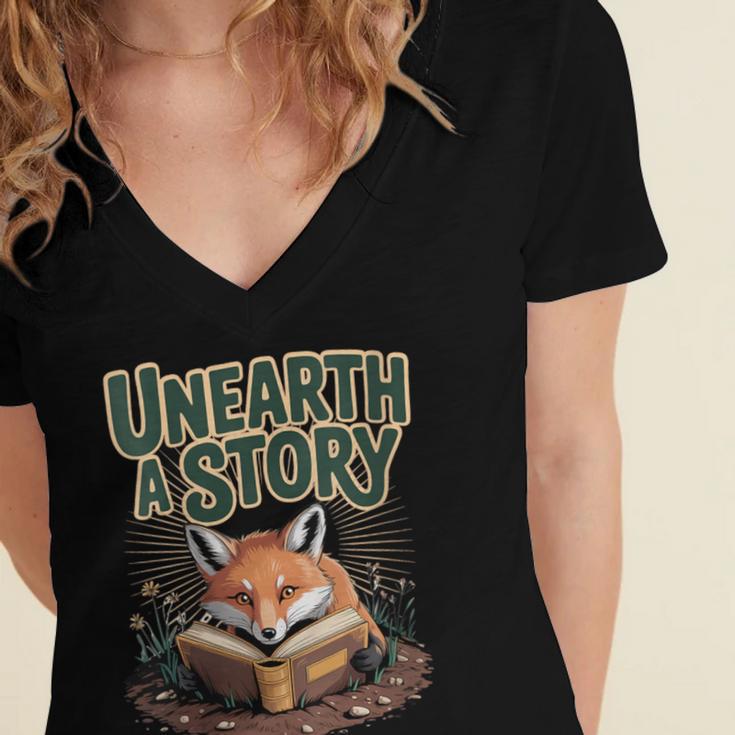 Unearth A Story Fox Reads a Book Women's Jersey Short Sleeve Deep V-Neck Tshirt Unearth A Story Fox Reads a Book Women's Jersey Short Sleeve Deep V-Neck Tshirt