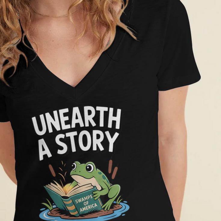 Unearth a Story Frog Reading a Book Summer 2026 Women's Jersey Short Sleeve Deep V-Neck Tshirt