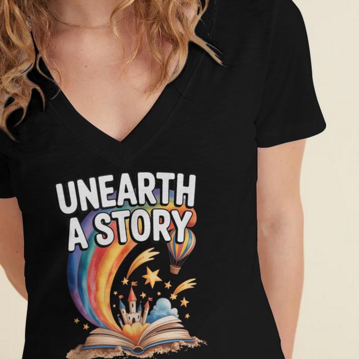 Unearth A Story Rainbow Treasure Book Women's Jersey Short Sleeve Deep V-Neck Tshirt Unearth A Story Rainbow Treasure Book Women's Jersey Short Sleeve Deep V-Neck Tshirt