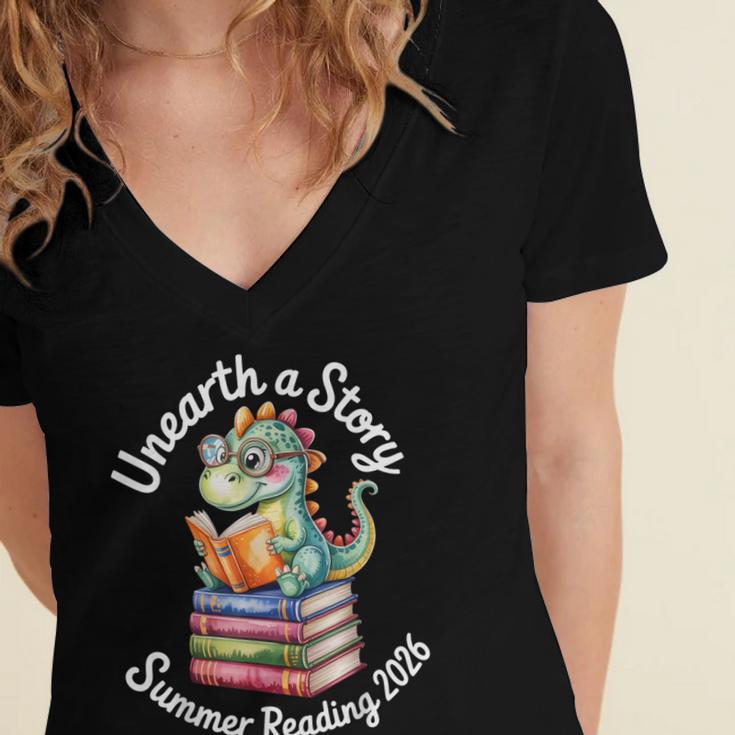 Unearth a Story Summer Reading 2026 Book Lover Dino Fun Women's Jersey Short Sleeve Deep V-Neck Tshirt
