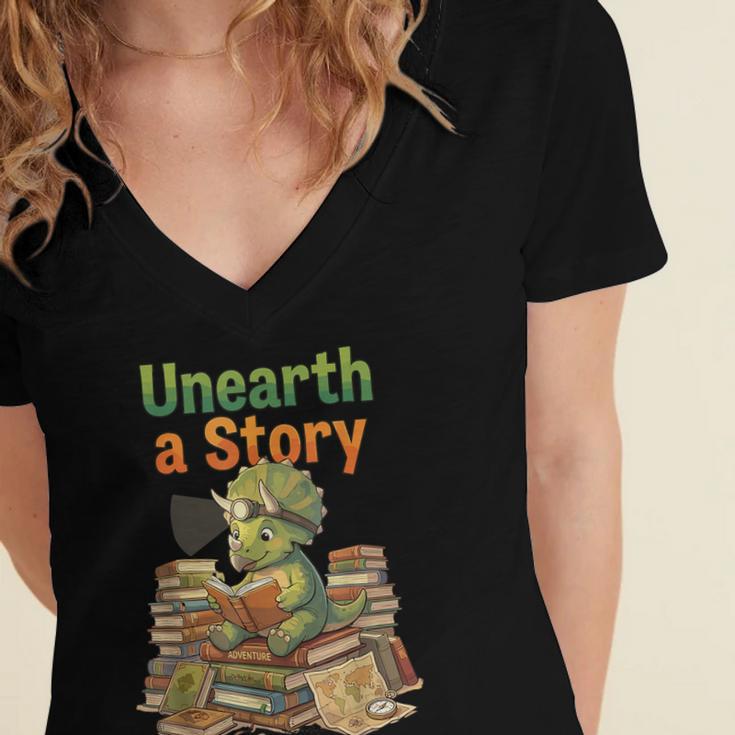 Unearth a Story Triceratops Dinosaur Reading Books Cute Dino Women's Jersey Short Sleeve Deep V-Neck Tshirt