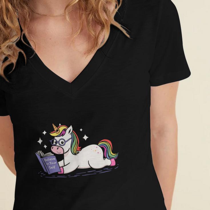 Unicorn Bookworm Believe In Yourself Cute And Inspirational Women's Jersey Short Sleeve Deep V-Neck Tshirt