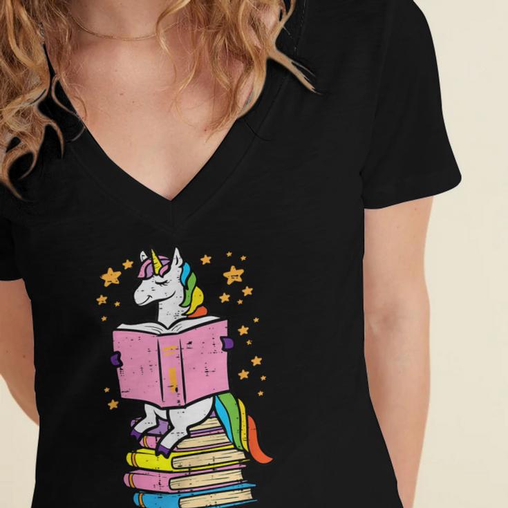 Unicorn Read Reading Book Librarian America Girls Women Women's Jersey Short Sleeve Deep V-Neck Tshirt