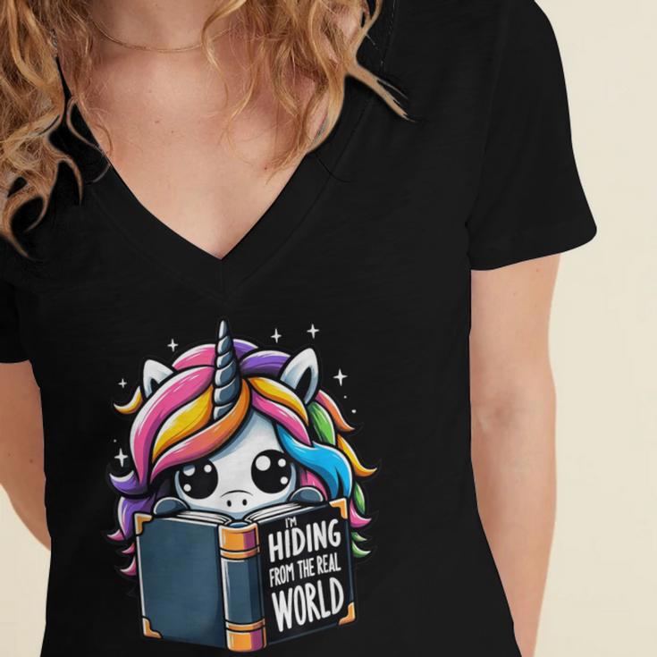 Unicorn Reading Book Reader Introvert Book Lover Humor Women's Jersey Short Sleeve Deep V-Neck Tshirt