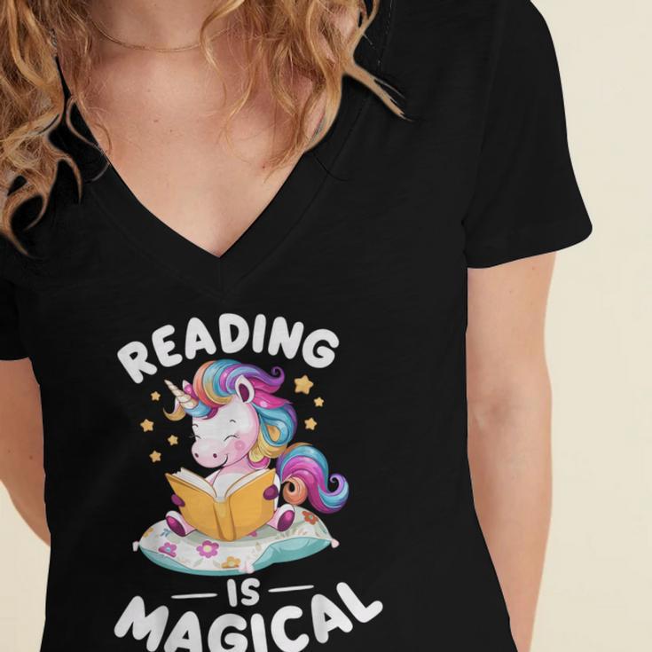 Unicorn Teacher Reading Is Magical Book Women's Jersey Short Sleeve Deep V-Neck Tshirt