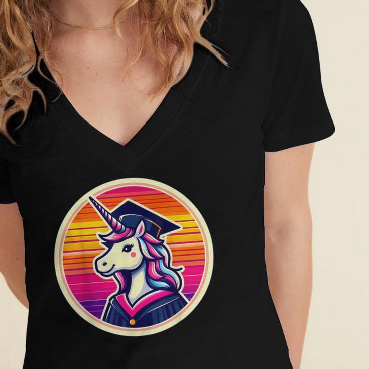 Unicorn University Graduation Graduating School Girl Cute Women's Jersey Short Sleeve Deep V-Neck Tshirt