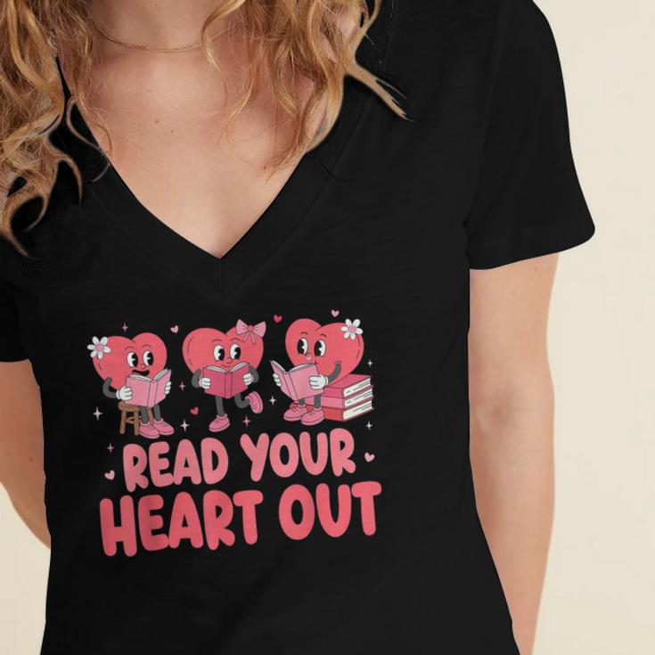 Valentine Day Book Read Your Heart Out Lovers Teacher Kids Women's Jersey Short Sleeve Deep V-Neck Tshirt