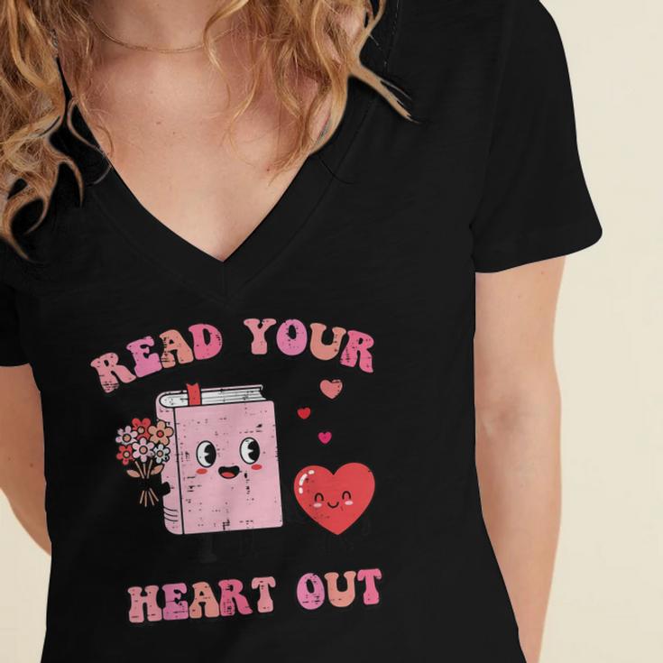 Valentines Day Book Read Your Heart Out Women Men Kids Women's Jersey Short Sleeve Deep V-Neck Tshirt