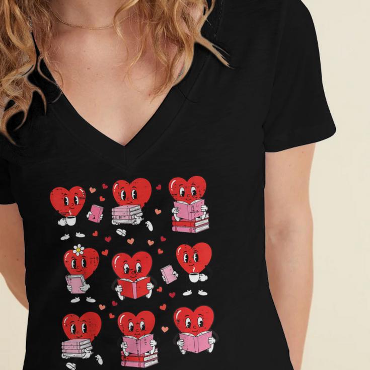 Valentines Day Librarian Heart Reading Book Women Men Kids Women's Jersey Short Sleeve Deep V-Neck Tshirt