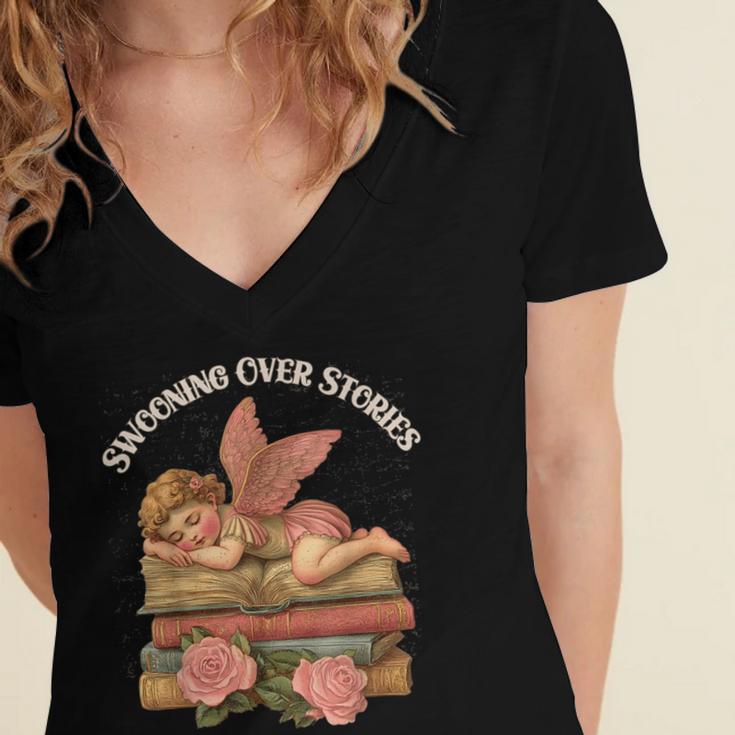 Valentine's Swooning Over Stories Cupid And Book Lover Tee Women's Jersey Short Sleeve Deep V-Neck Tshirt