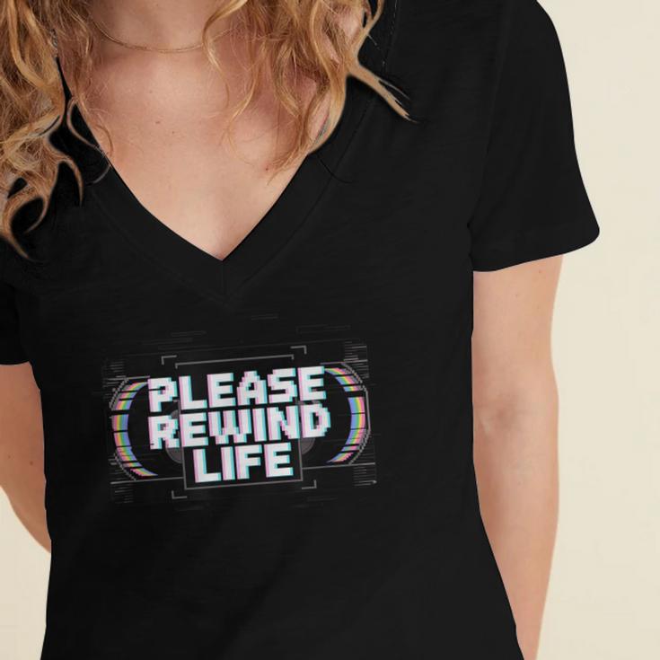 VHS Tape Rewind Glitch 90s Retro Nostalgia Please Rewind Women's Jersey Short Sleeve Deep V-Neck Tshirt
