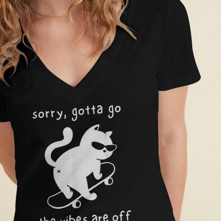 Vibes Are Off Cat Skateboard Introvert Sarcastic Humor Women's Jersey Short Sleeve Deep V-Neck Tshirt