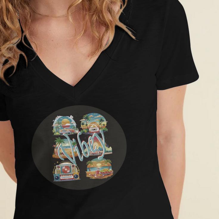 Vibey Nostalgia & Retro Charm Women's Jersey Short Sleeve Deep V-Neck Tshirt