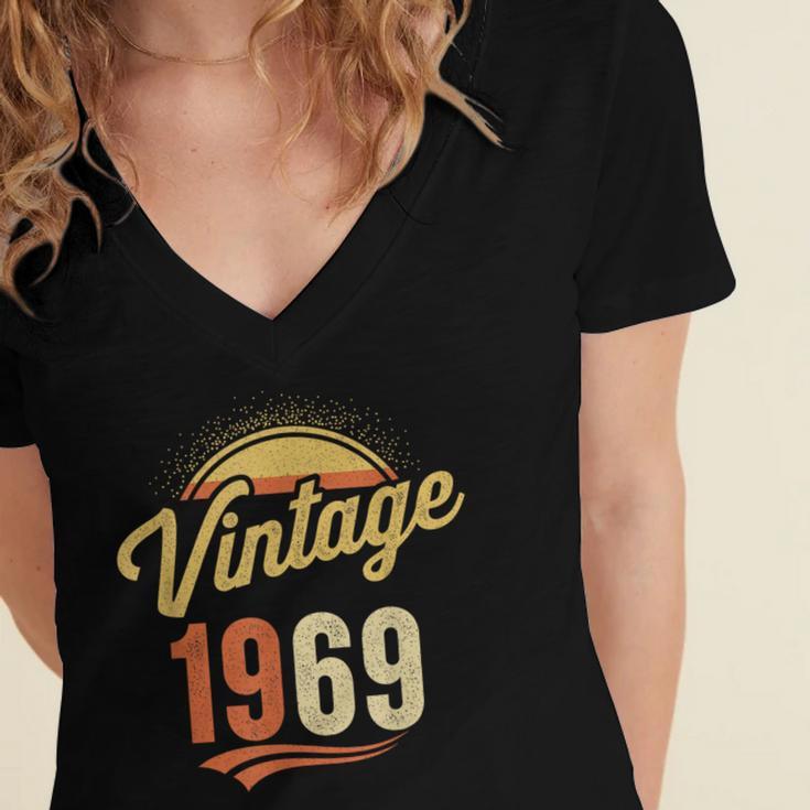 Vintage 1969 Retro Era Badge For Nostalgia Fans Women's Jersey Short Sleeve Deep V-Neck Tshirt Vintage 1969 Retro Era Badge For Nostalgia Fans Women's Jersey Short Sleeve Deep V-Neck Tshirt