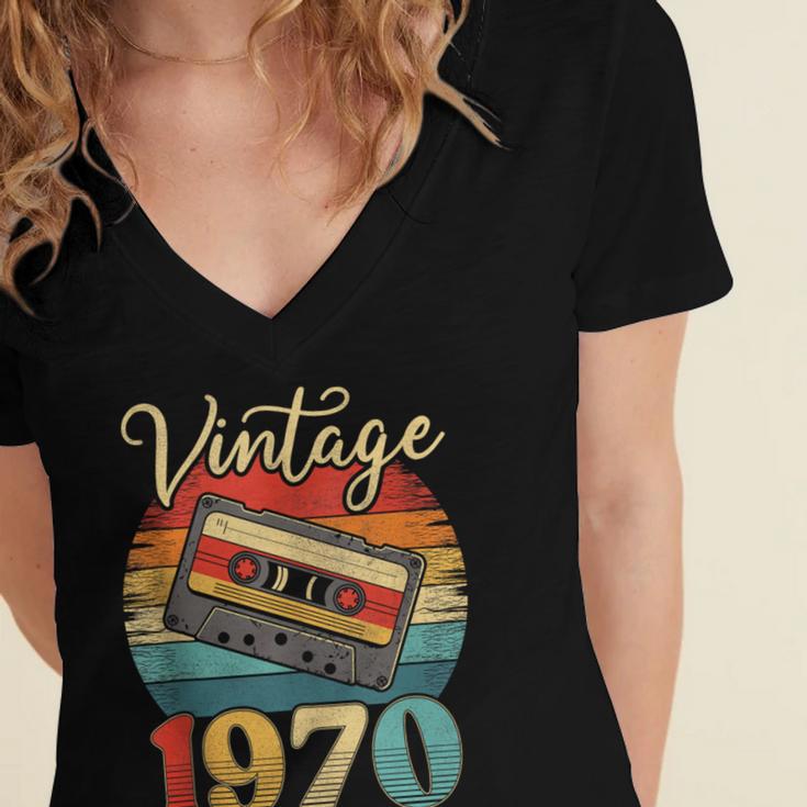 Vintage 1970 Retro Cassette Tape 70s Born Nostalgia Birthday Women's Jersey Short Sleeve Deep V-Neck Tshirt