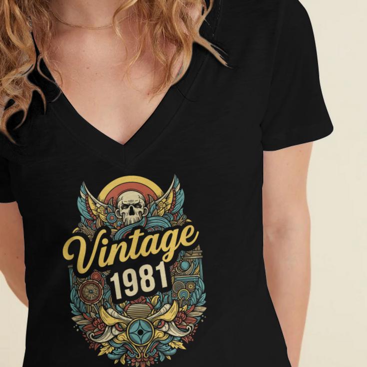 Vintage 1981 Retro Badge Nostalgia Eighties Compass Skull Women's Jersey Short Sleeve Deep V-Neck Tshirt