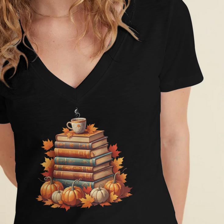 Vintage Autumn Books Pumpkin Coffee Book Lover Reading Women's Jersey Short Sleeve Deep V-Neck Tshirt