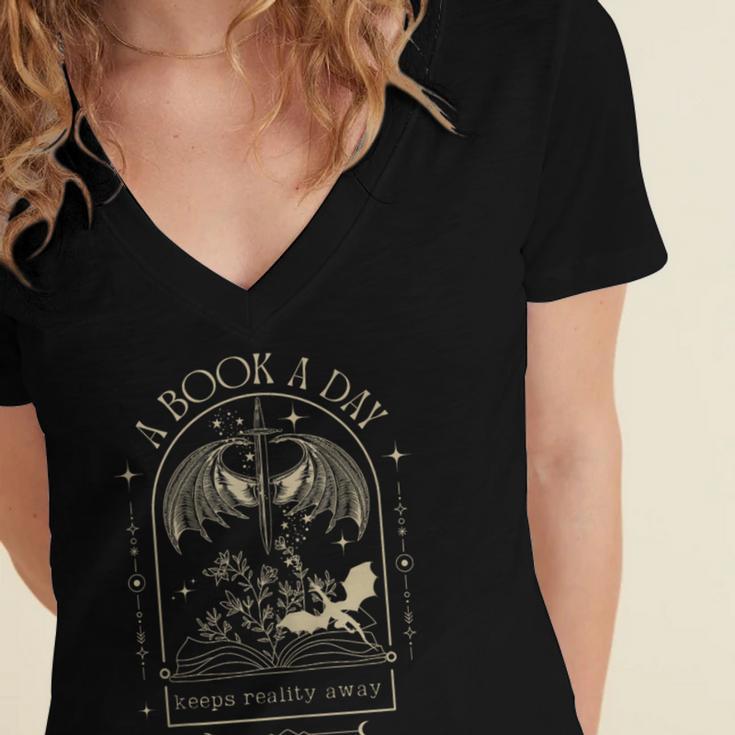 Vintage A Book a Day Keeps Reality Away Spicy Book Readers Women's Jersey Short Sleeve Deep V-Neck Tshirt
