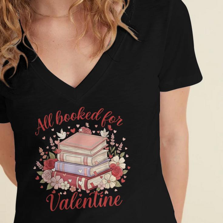 Vintage All Booked For Valentines Book Lovers Teacher Kids Women's Jersey Short Sleeve Deep V-Neck Tshirt