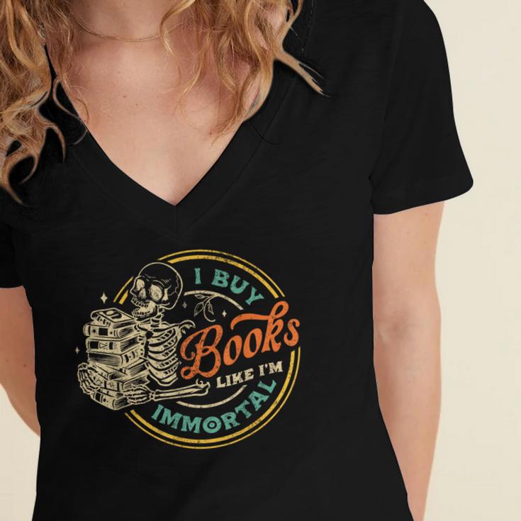 Vintage I Buy Books Like I'm Immortal Skeleton Reading Book Women's Jersey Short Sleeve Deep V-Neck Tshirt Vintage I Buy Books Like I'm Immortal Skeleton Reading Book Women's Jersey Short Sleeve Deep V-Neck Tshirt