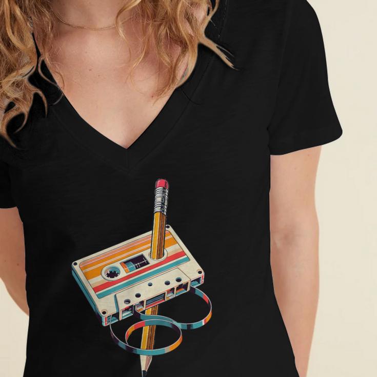 Vintage Cassette Tape And Pencil Nostalgia Party 70s 80s 90s Women's Jersey Short Sleeve Deep V-Neck Tshirt