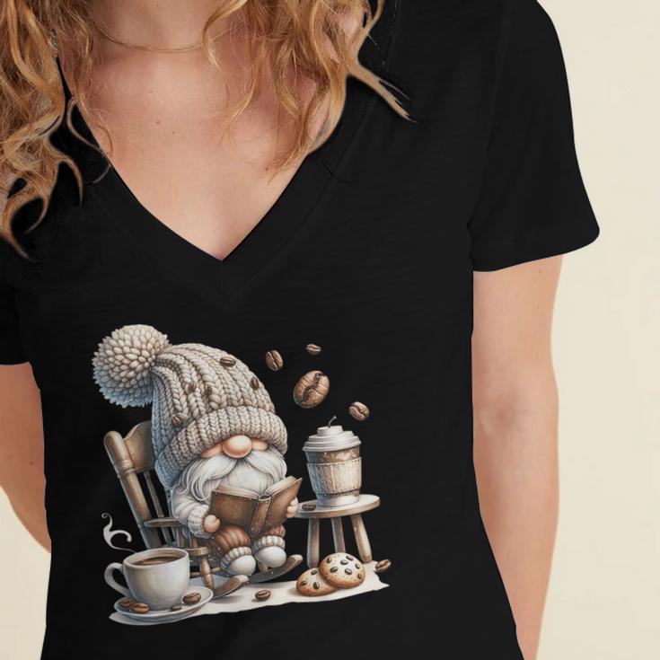 Vintage Cute Gnome Reading Book Coffee Cute Gnome Graphic Women's Jersey Short Sleeve Deep V-Neck Tshirt Vintage Cute Gnome Reading Book Coffee Cute Gnome Graphic Women's Jersey Short Sleeve Deep V-Neck Tshirt