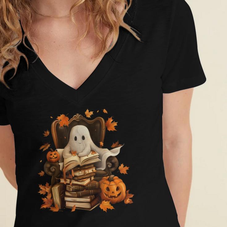 Vintage Ghost Book Reading Pumpkin Gothic Halloween Teachers Women's Jersey Short Sleeve Deep V-Neck Tshirt