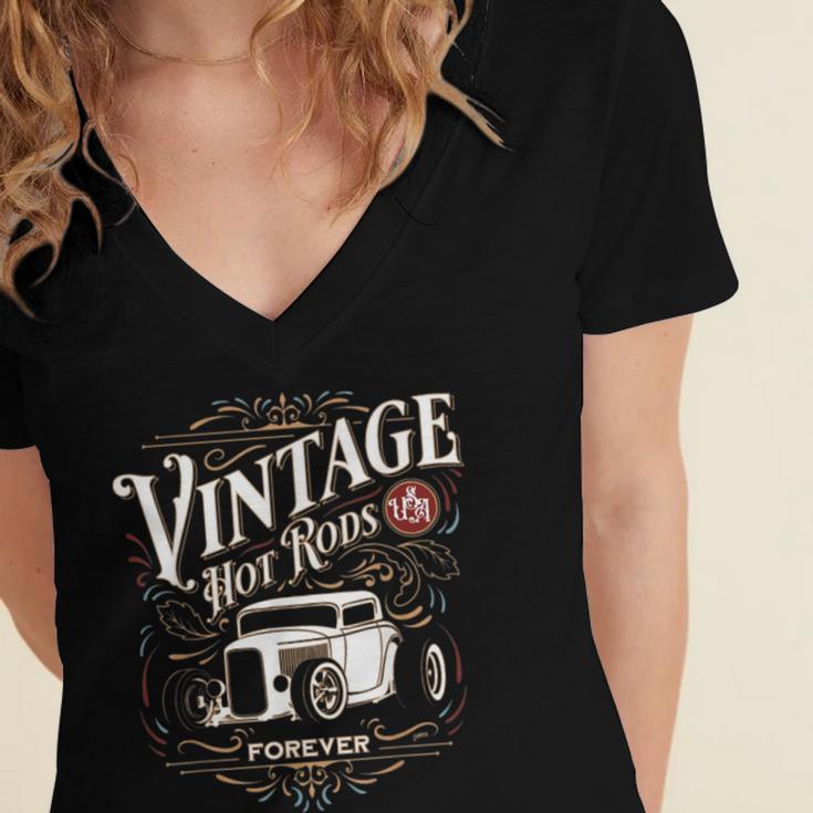 Vintage Hot Rods USA Forever Classic Car Nostalgia Women's Jersey Short Sleeve Deep V-Neck Tshirt
