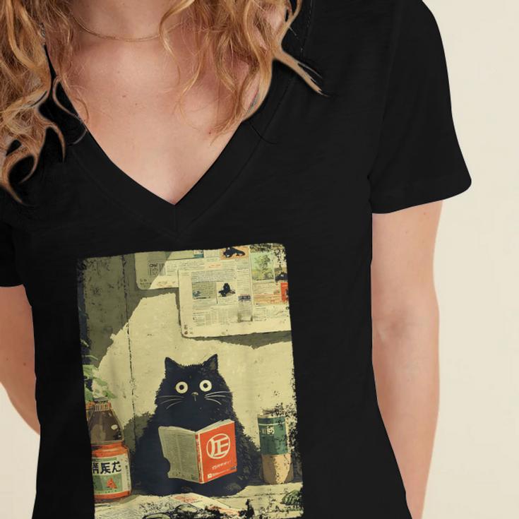 Vintage Japanese Cat Book Lovers Librarian Cat Dad Teacher Women's Jersey Short Sleeve Deep V-Neck Tshirt Vintage Japanese Cat Book Lovers Librarian Cat Dad Teacher Women's Jersey Short Sleeve Deep V-Neck Tshirt