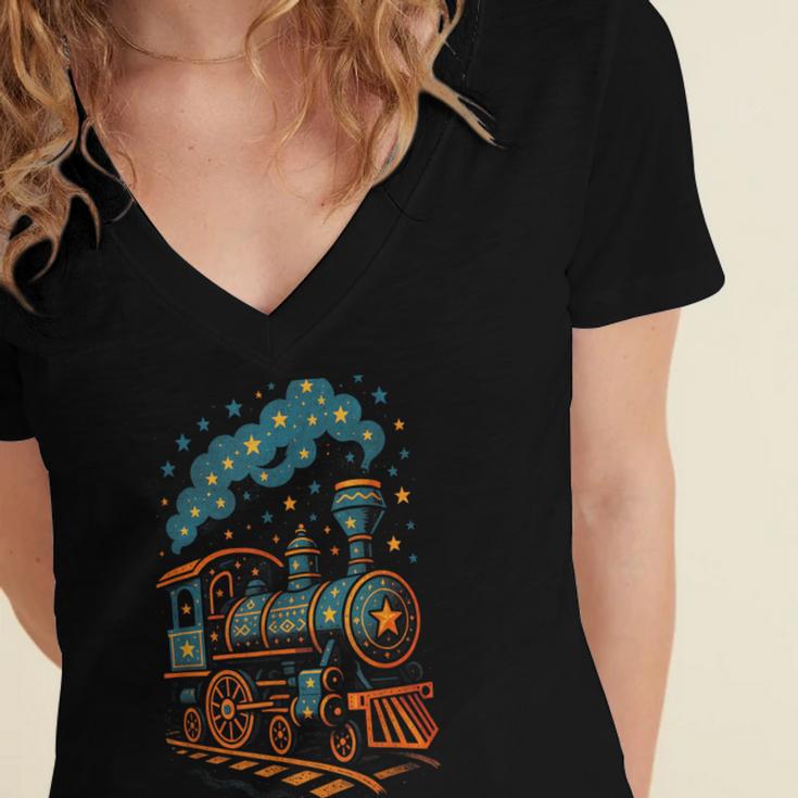 Vintage Locomotive Nostalgia Railroad Stars Women's Jersey Short Sleeve Deep V-Neck Tshirt