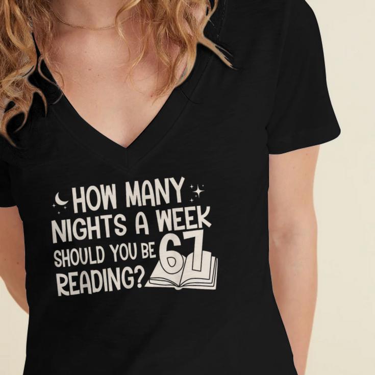 Vintage How Many Nights Reading 67 Meme Book Lover Teacher Women's Jersey Short Sleeve Deep V-Neck Tshirt
