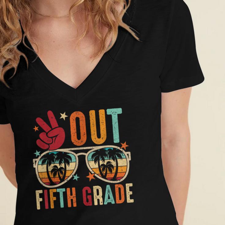Vintage Peace Out 5th Grade Graduation Last Day Of School Women's Jersey Short Sleeve Deep V-Neck Tshirt