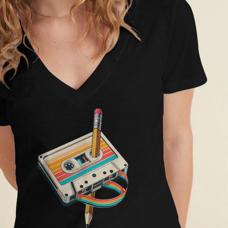 Vintage Pencil Rewind Cassette Tape Nostalgia Party 80s 90s Women's Jersey Short Sleeve Deep V-Neck Tshirt