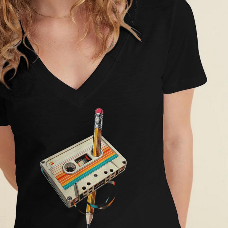 Vintage Pencil Rewind Cassette Tape Nostalgia Party 80s 90s Women's Jersey Short Sleeve Deep V-Neck Tshirt Vintage Pencil Rewind Cassette Tape Nostalgia Party 80s 90s Women's Jersey Short Sleeve Deep V-Neck Tshirt