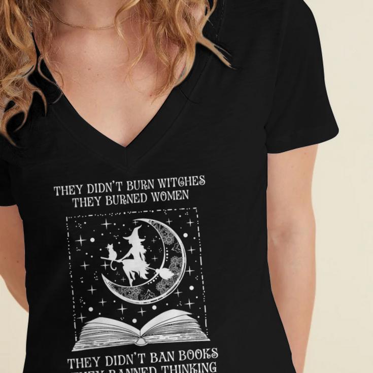 Vintage They Didn't Burn Witches They Burned Women Ban Books Women's Jersey Short Sleeve Deep V-Neck Tshirt