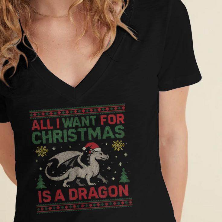 All I Want For Christmas Is A Dragon & Books Ugly Sweater Women's Jersey Short Sleeve Deep V-Neck Tshirt