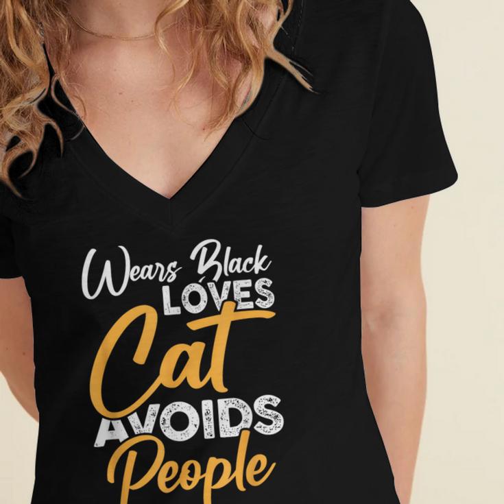 Wears Loves Cats Avoids People I Introvert Women's Jersey Short Sleeve Deep V-Neck Tshirt Wears Loves Cats Avoids People I Introvert Women's Jersey Short Sleeve Deep V-Neck Tshirt