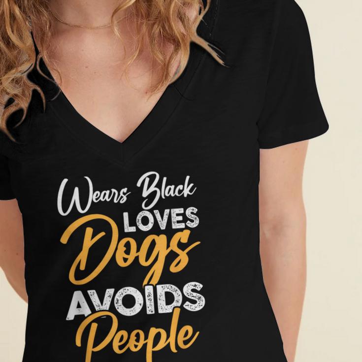 Wears Loves Dogs Avoids People I Introvert Women's Jersey Short Sleeve Deep V-Neck Tshirt Wears Loves Dogs Avoids People I Introvert Women's Jersey Short Sleeve Deep V-Neck Tshirt