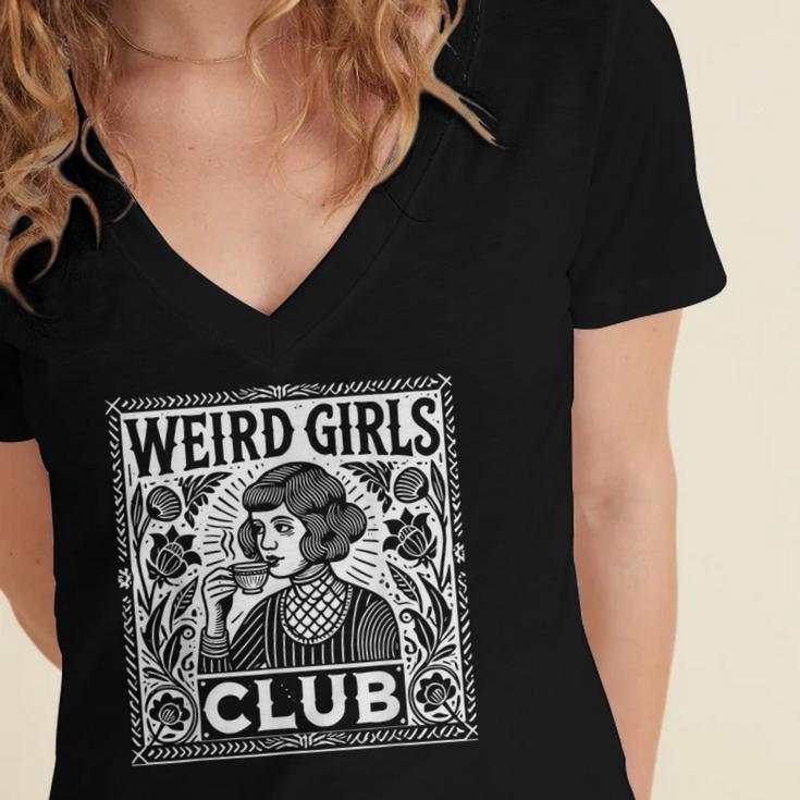 Weird Girls Club Vintage Linocut Retro Introvert Aesthetic Women's Jersey Short Sleeve Deep V-Neck Tshirt