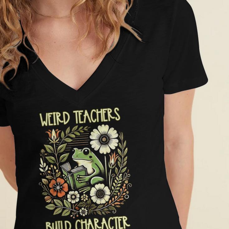 Weird Teachers Build Character Frog Reading Book Librarian Women's Jersey Short Sleeve Deep V-Neck Tshirt