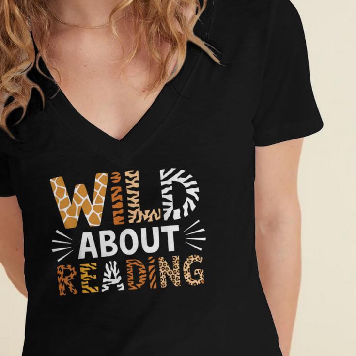 Wild About Reading Animal Bookworm Library Book Lover Reader Women's Jersey Short Sleeve Deep V-Neck Tshirt Wild About Reading Animal Bookworm Library Book Lover Reader Women's Jersey Short Sleeve Deep V-Neck Tshirt
